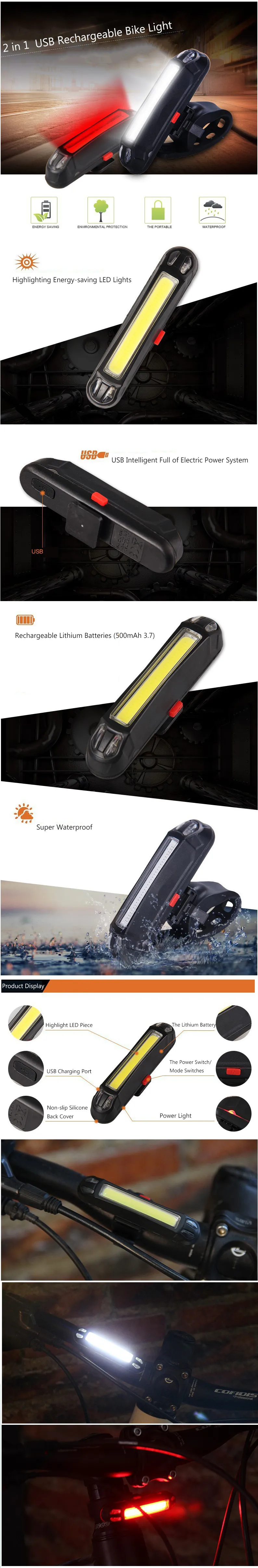 XANES 2 in 1 500LM Bicycle USB Rechargeable LED Bike Light Taillight Ultralight Warning Night