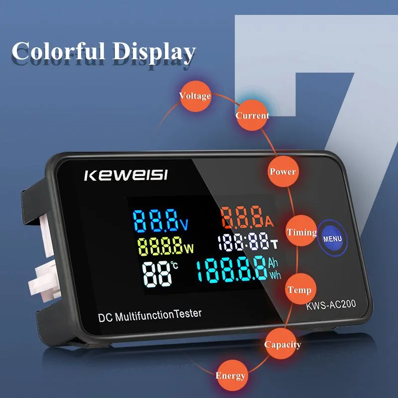KWS-DC200 0-200 В 0-100 А постоянного тока цифровой дисплей вольтметр и амперметр цветной экран тестер температуры питания таймер