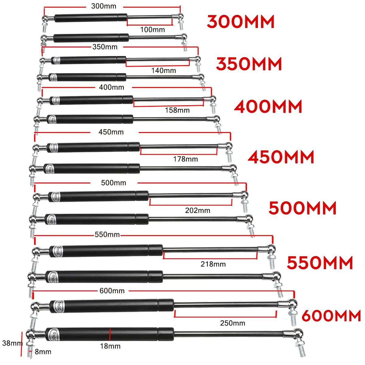 300/350/400/450/500/550/600mm 300N Gas Struts Spring For Car Caravans Boat 300/350/400/450/500/550/600mm 300N Gas Struts Spring For Car Caravans Boat