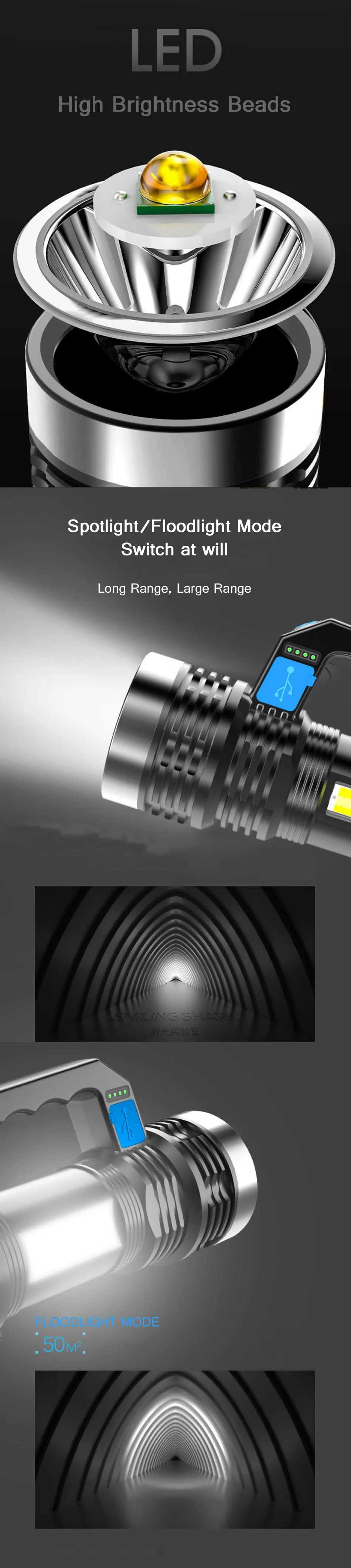 BIKIGHT P500 Double Light 500m Long Range Strong Flashlight with COB Sidelight USB Rechargeable Powerful Handheld Spotlight LED Searchlight