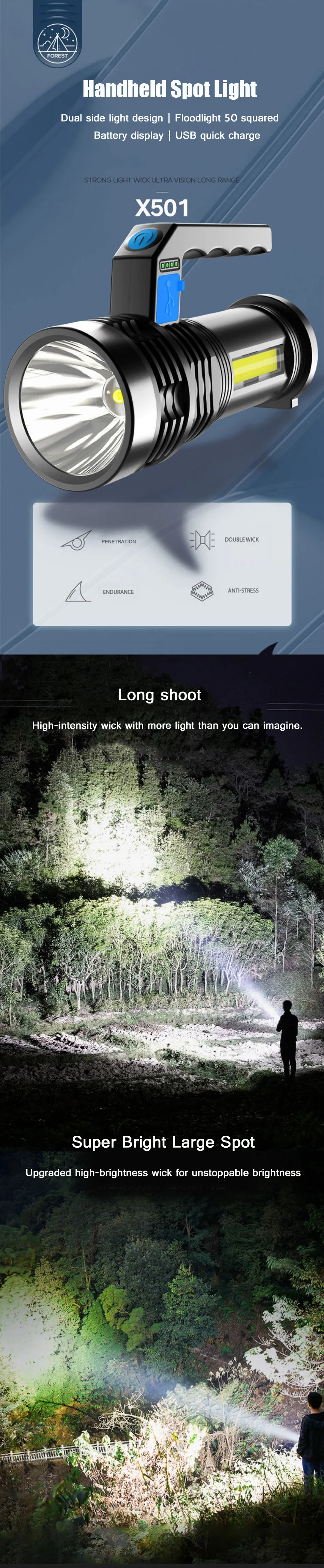 BIKIGHT P500 Double Light 500m Long Range Strong Flashlight with COB Sidelight USB Rechargeable Powerful Handheld Spotlight LED Searchlight