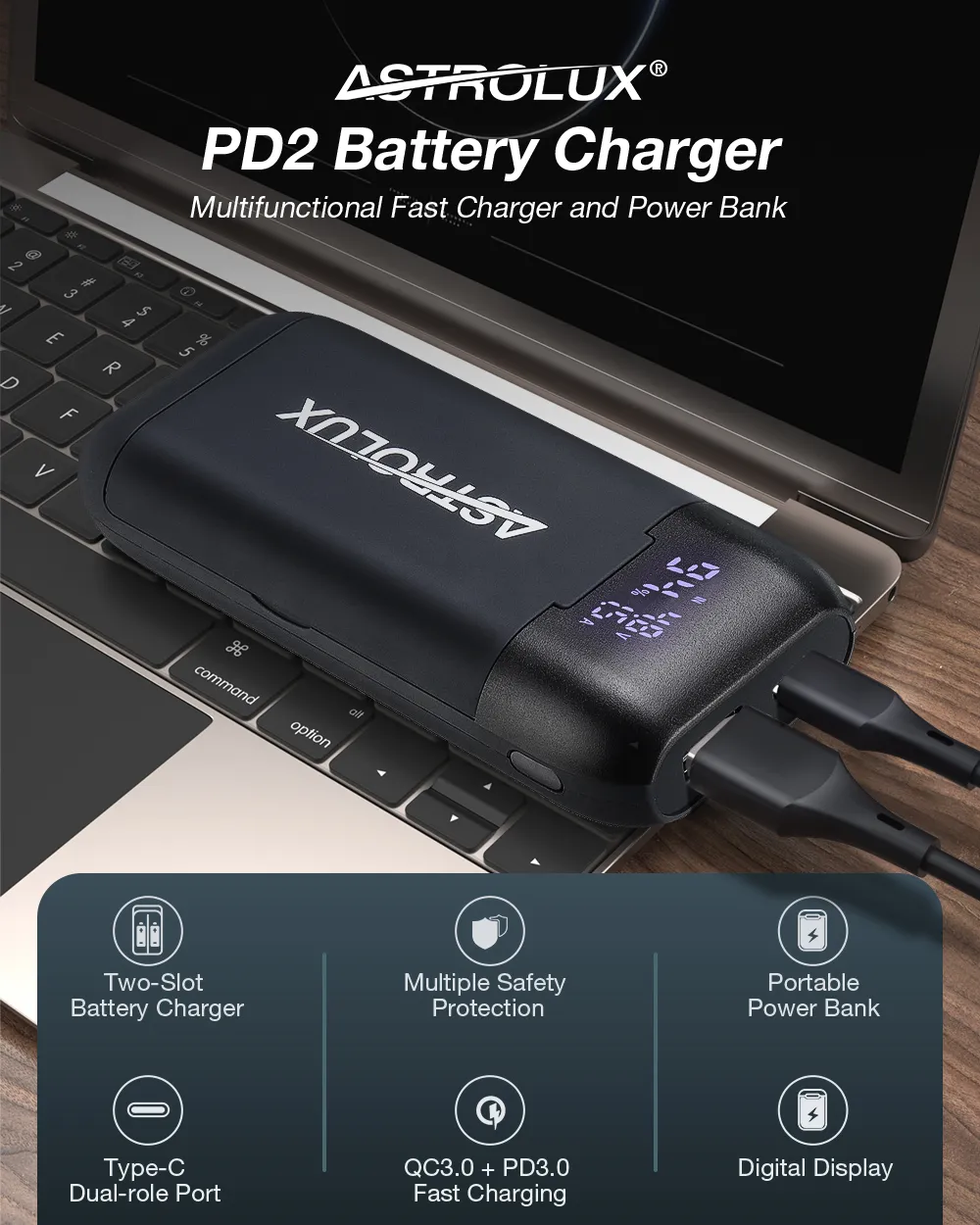 Astrolux® PD2 Type-C 18W QC3.0 PD3.0 急速充電 USB バッテリー充電器 懐中電灯 RC 電話パワーバンク インテリジェントバッテリーケースボックス Li-ion 21700/20700/18650用 Astrolux® PD2 Type-C 18W QC3.0 PD3.0 急速充電 USB バッテリー充電器 懐中電灯 RC 電話パワーバンク インテリジェントバッテリーケースボックス Li-ion 21700/20700/18650用