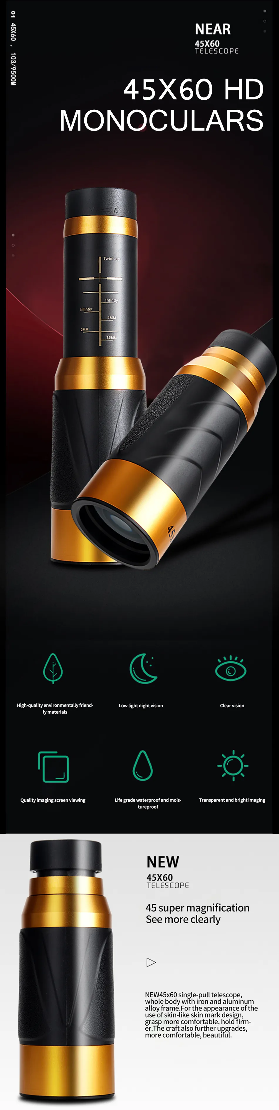 MOGE 45x60 HD Monocular Telescope Mini Scope Viewing Telescope For Travel Hunting Camping Hiking MOGE 45x60 HD Monocular Telescope Mini Scope Viewing Telescope For Travel Hunting Camping Hiking