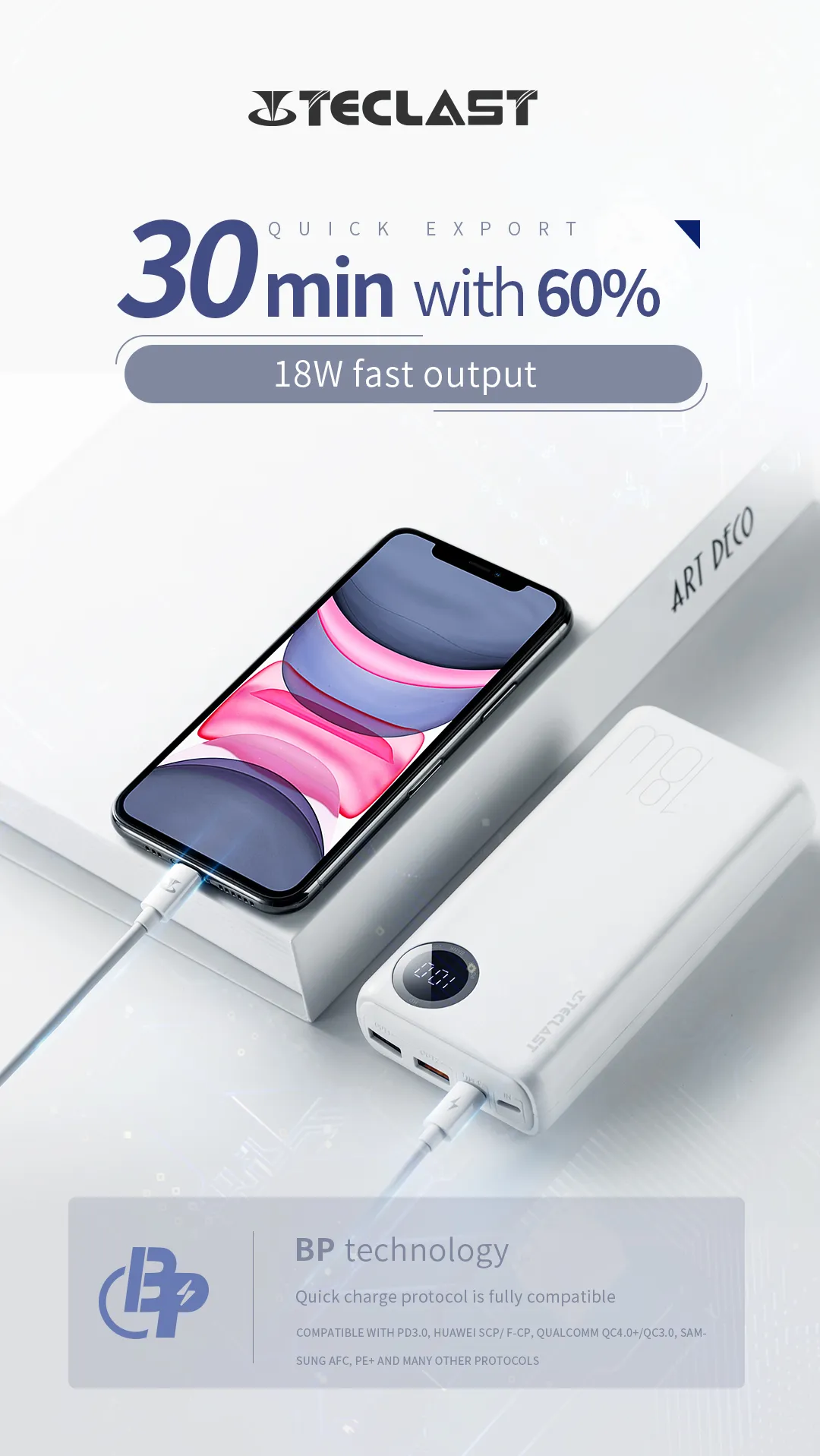 TECLAST T200H Pro 20000mAh 22.5W USB PD QC3.0 Power Bank 3 Output & 2 Input for iPhone 13 Pro Max for Samsung Galaxy Note S22 Ultra Huawei Mate40 OnePlus 9 Pro