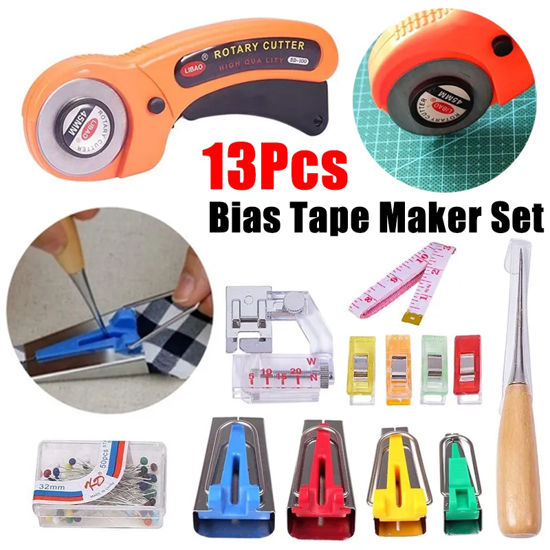 1/12/13Pcs Fabric Bias Tape Maker Rotary Cutter Kit Sewing Quilting Awl Pin Binder Foot Tools Set