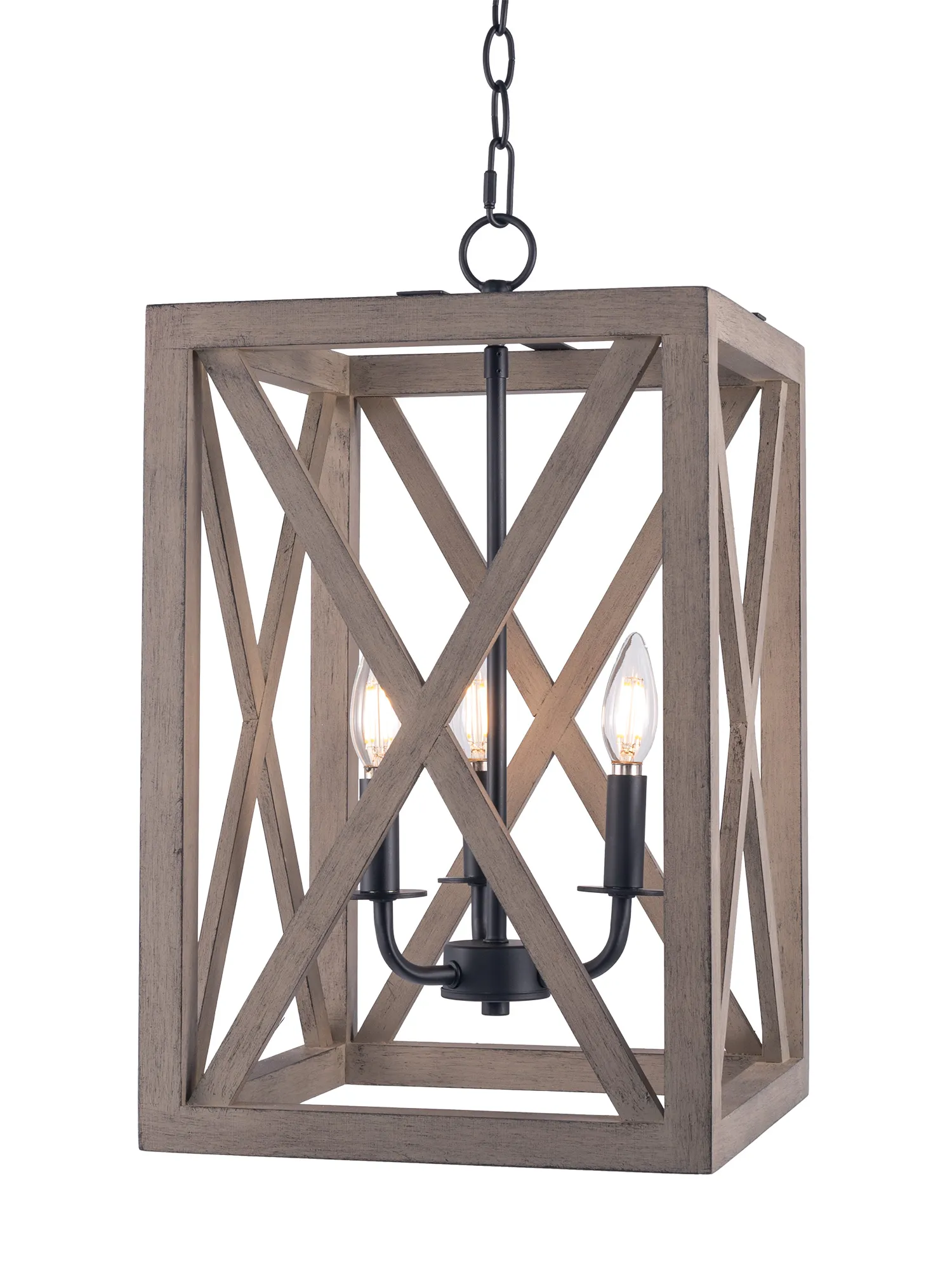 [USA Direct] 3-Light Candle Style Lantern Rectangle Chandelier With Wood Without Bulbs