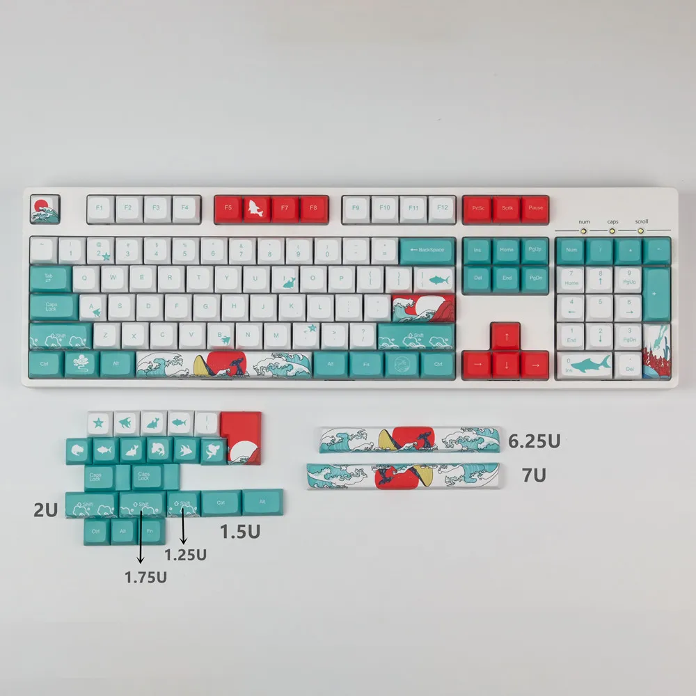 128 Keys Coral Sea Keycap Set XDA Profile PBT Sublimation Keycaps for DIY Mechanical Keyboards