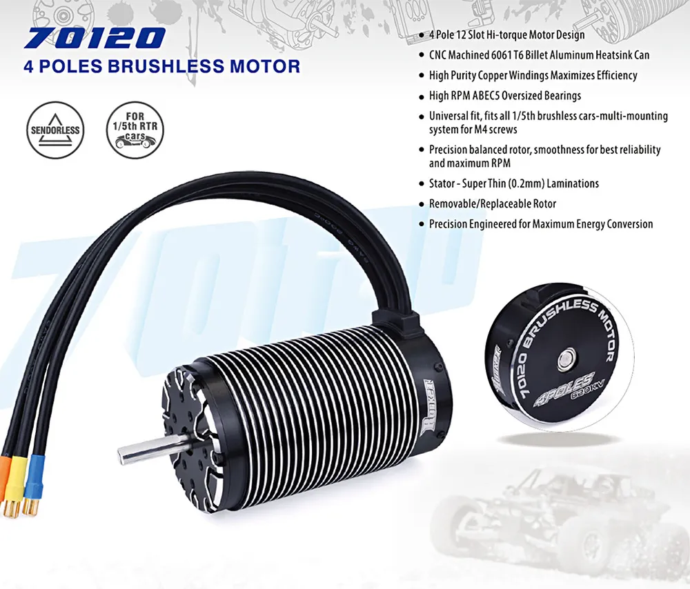 Surpass Hobby ROCKET 70120 Sensorless Brushless Motor 8mm Shaft Compatible 8-16S for 1/4 1/5 RC Car Parts