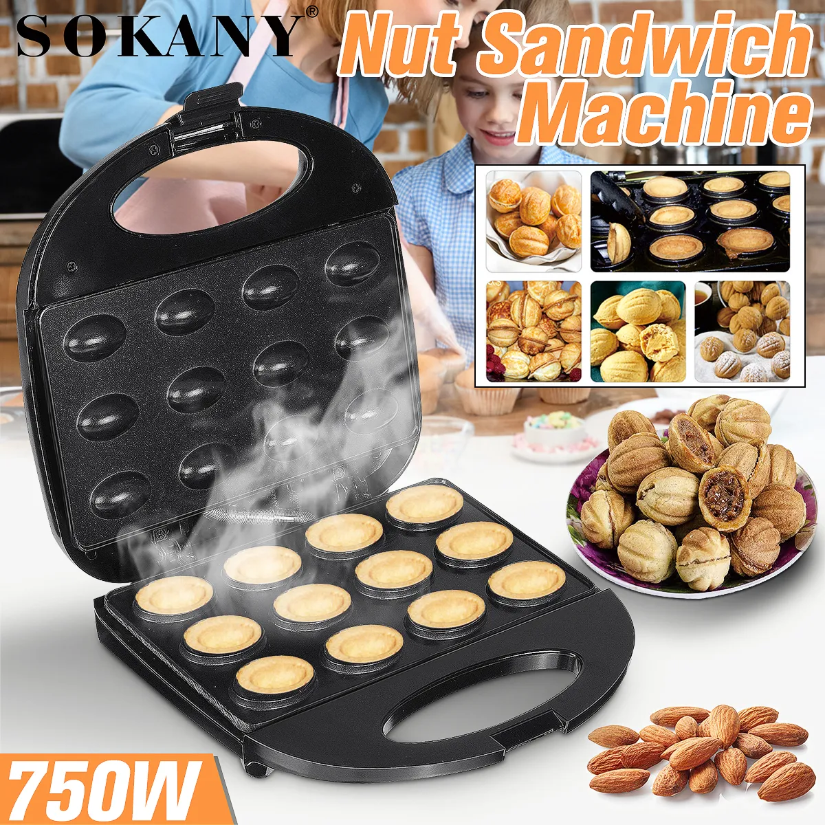 SOKANY 805 750W Mini Electric Walnut Cake Maker Automatic Nut Waffle Bread Machine Sandwich Iron Toaster Baking Breakfast Pan Oven
