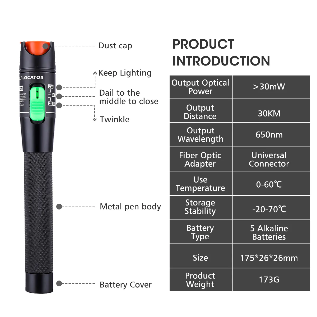 30MW 30KM Visual Fault Locator Optical Fiber Cable Tester Meter for CATV Telecommunications with 1.25mm FC or 2.5mm Connector