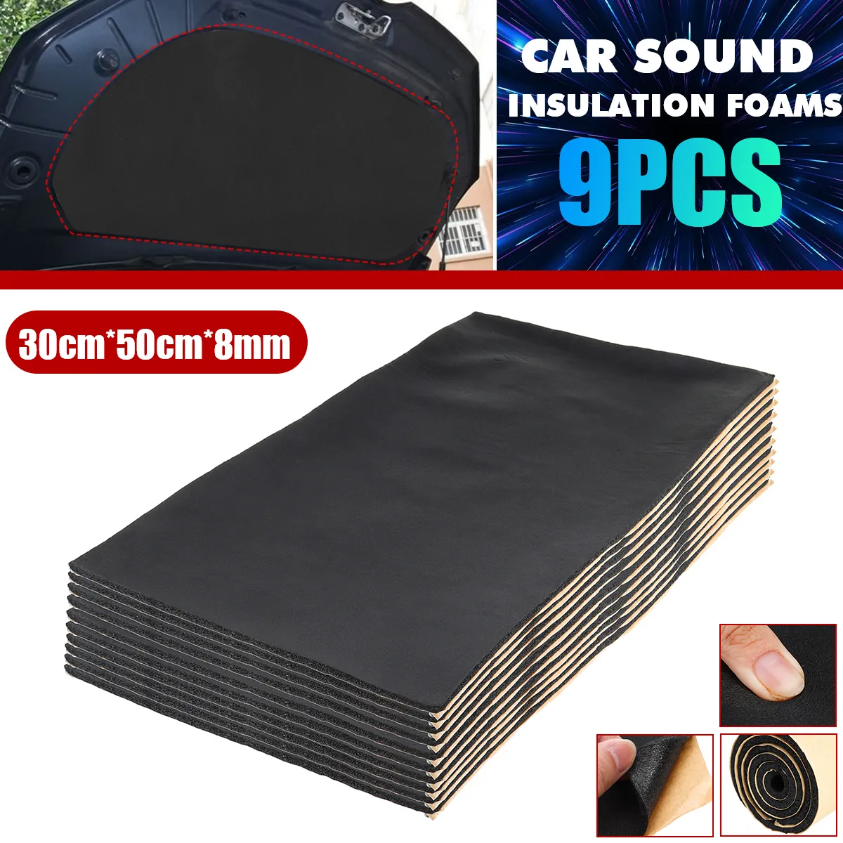 9pcs / Set Car Door Hood Bonnet Sound Heat Insulation Foams Cotton Mat 30x50cm