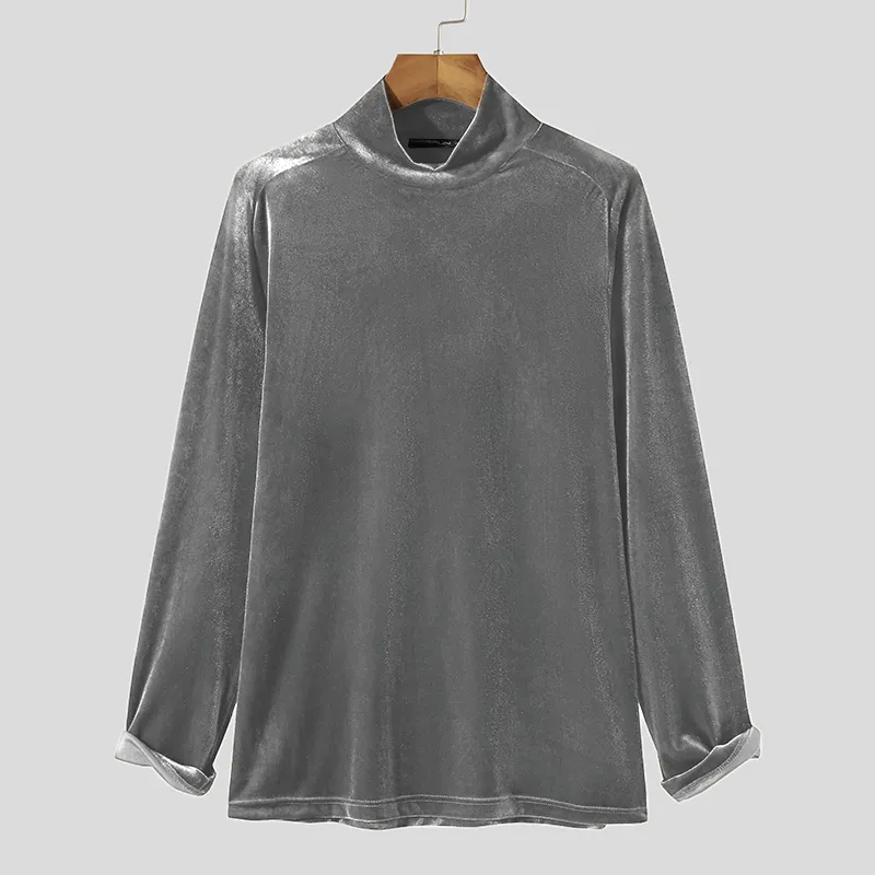 INCERUN Men Solid High Neck Velvet Long Sleeve T-Shirt Plus Size INCERUN Men Solid High Neck Velvet Long Sleeve T-Shirt Plus Size