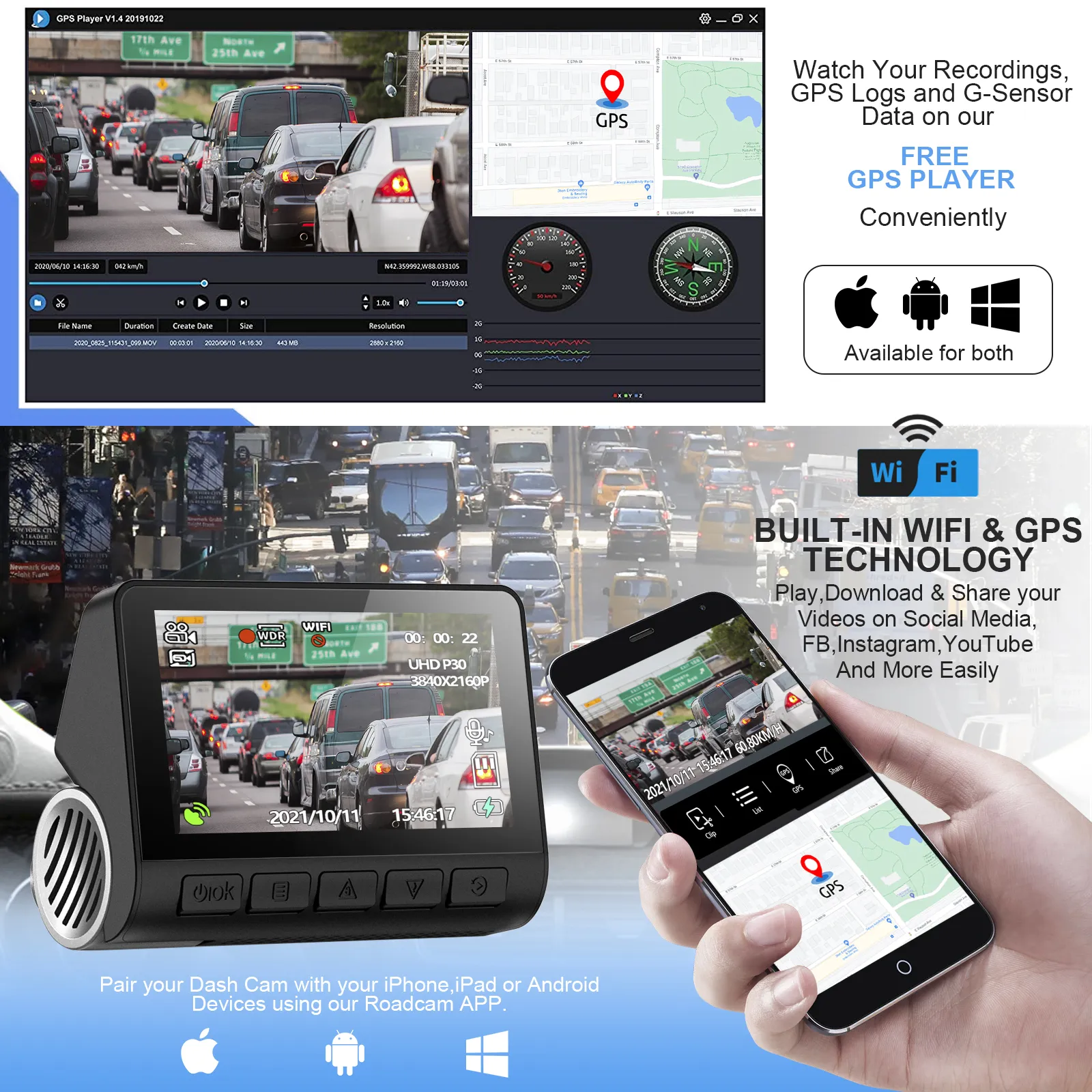 V55/V55+ 4K Dash Cam Car DVR 2160P GPS ADAS 24H Parking Support Rear Cam Night Vision Voice Prompt APP Control