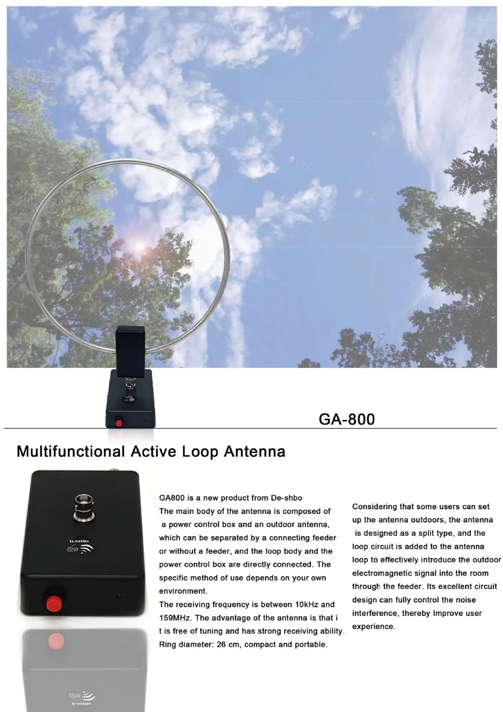 GA800 Radio Shortwave Antenna Small Active Loop Shortwave Antenna 10KHz-159MHz HF