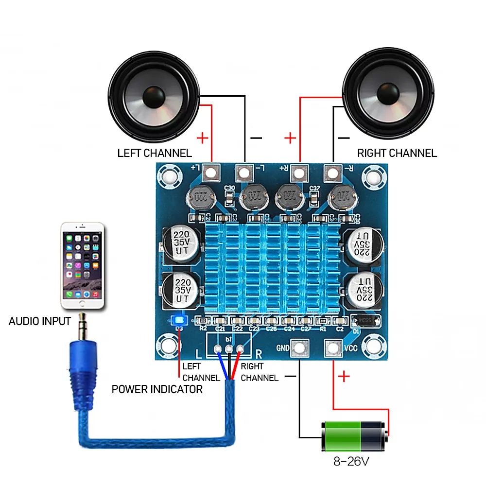 XH-A232 HD Digital Stereo Audio Power Amplifier Board 30W+30W 2.0 Channel MP3 Amplifier Module DC 8-26V 3A