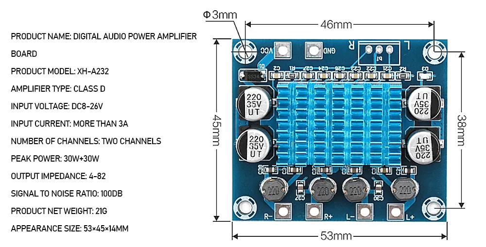 XH-A232 HD Digital Stereo Audio Power Amplifier Board 30W+30W 2.0 Channel MP3 Amplifier Module DC 8-26V 3A
