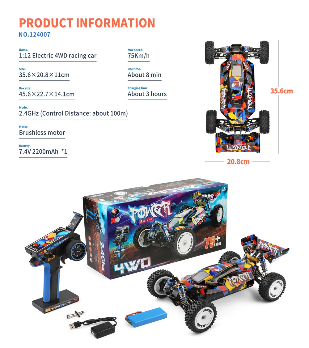 Wltoys 124007 1/12 2.4G 4WD Brushless RC Car 75km/h Off-Road Speed Racing Vehicles Models RTR Toys