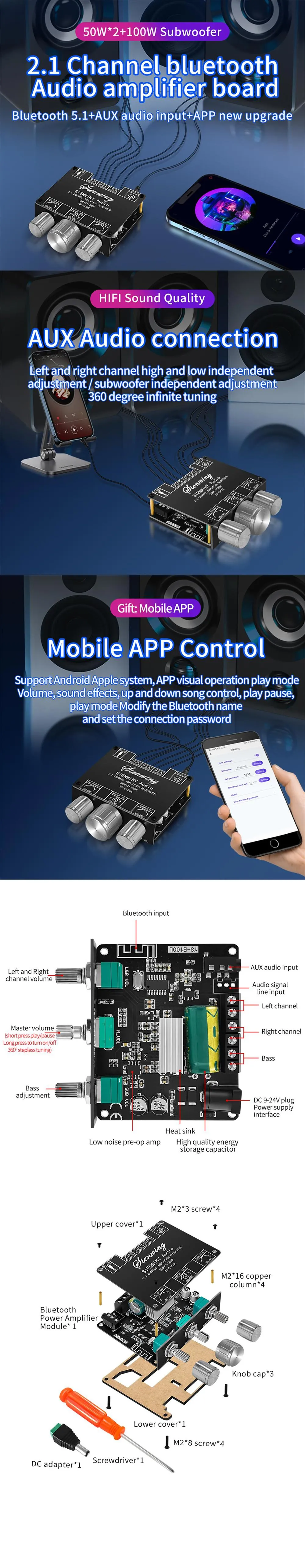 YS-E100L 2.1 Channel bluetooth 5.1 Audio Amplifier Board 50W×2+100W High Low Pitched Subwoofer Amplifier Module Board
