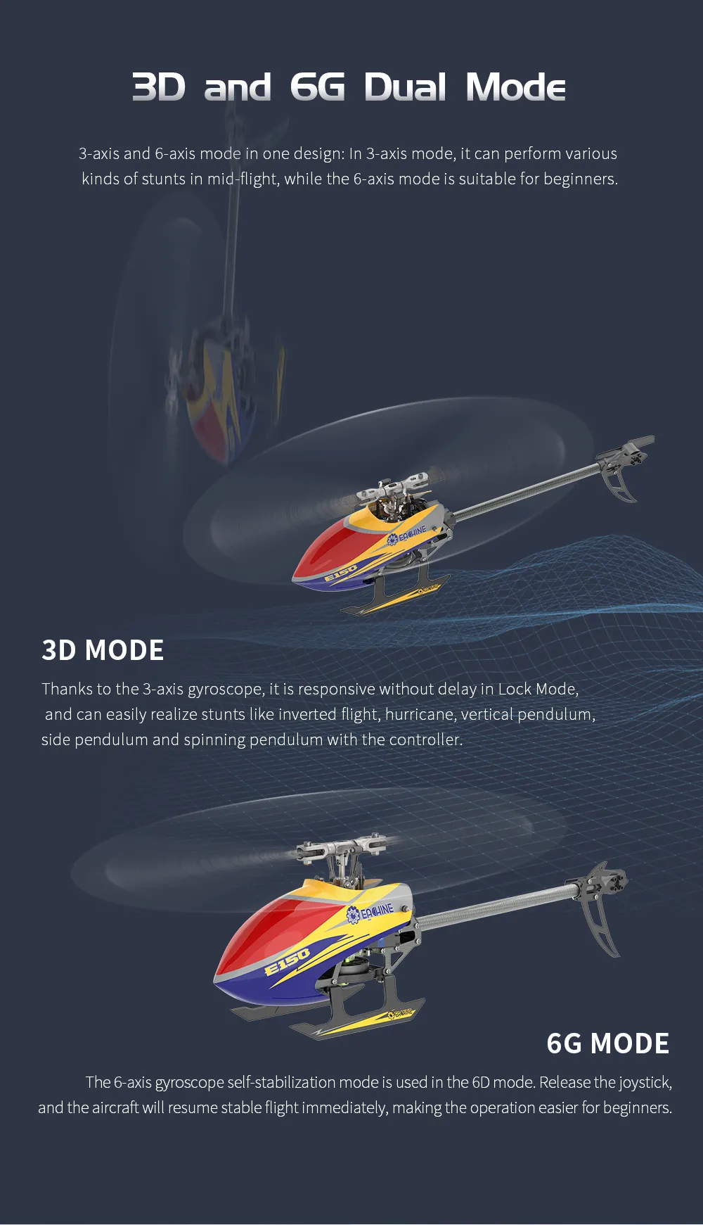 Eachine E150 2.4G 6CH 6-Axis Gyro 3D6G Dual Brushless Direct Drive Motor Flybarless RC Helicopter RTF