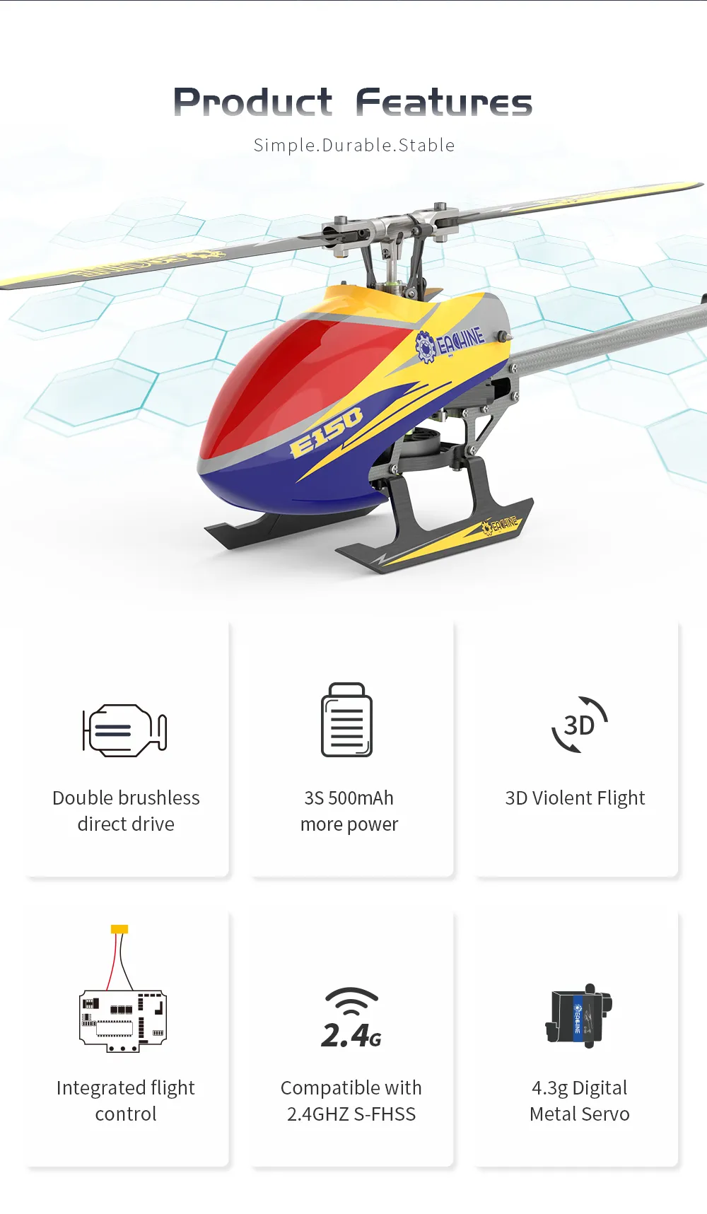 Eachine E150 2.4G 6CH 6-Axis Gyro 3D6G Dual Brushless Direct Drive Motor Flybarless RC Helicopter RTF