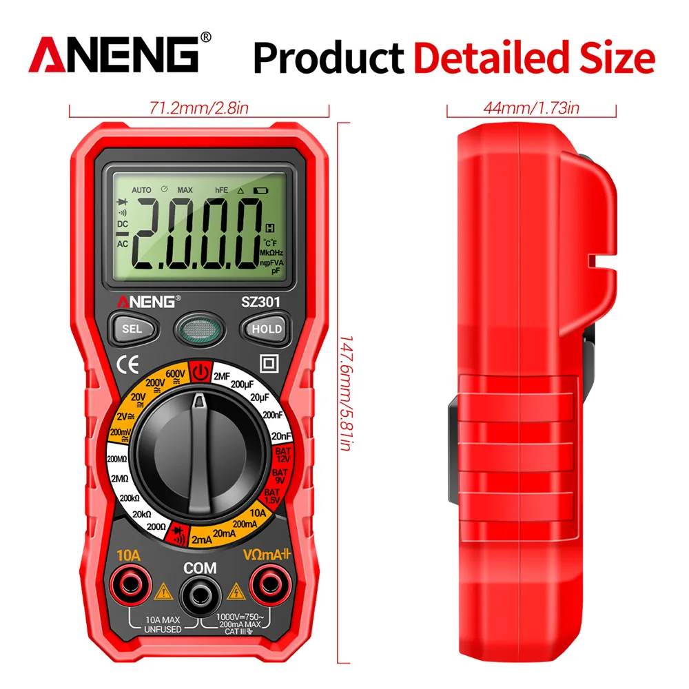 ANENG SZ301 Digital Multimeter AC/DC Votage Current Automatic Tester Electrical Resistance Ohm Ammeter Capacitance Meter
