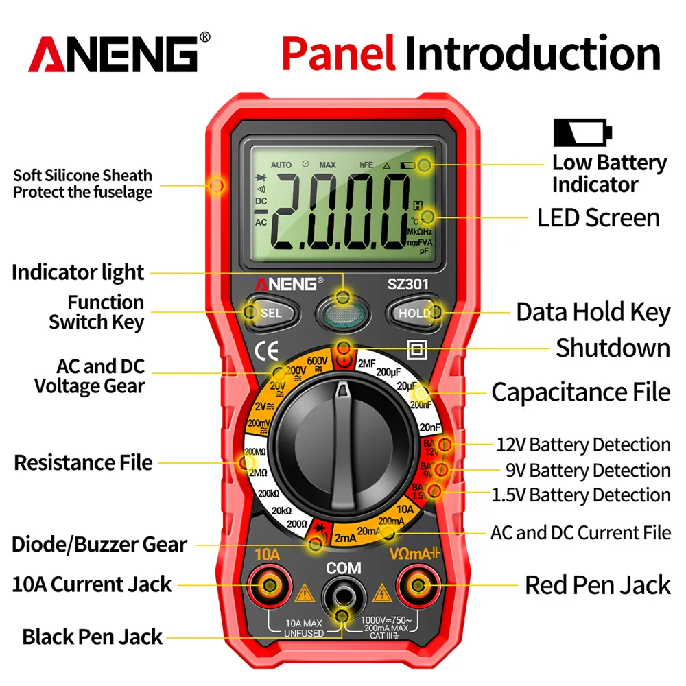 ANENG SZ301 Digital Multimeter AC/DC Votage Current Automatic Tester Electrical Resistance Ohm Ammeter Capacitance Meter