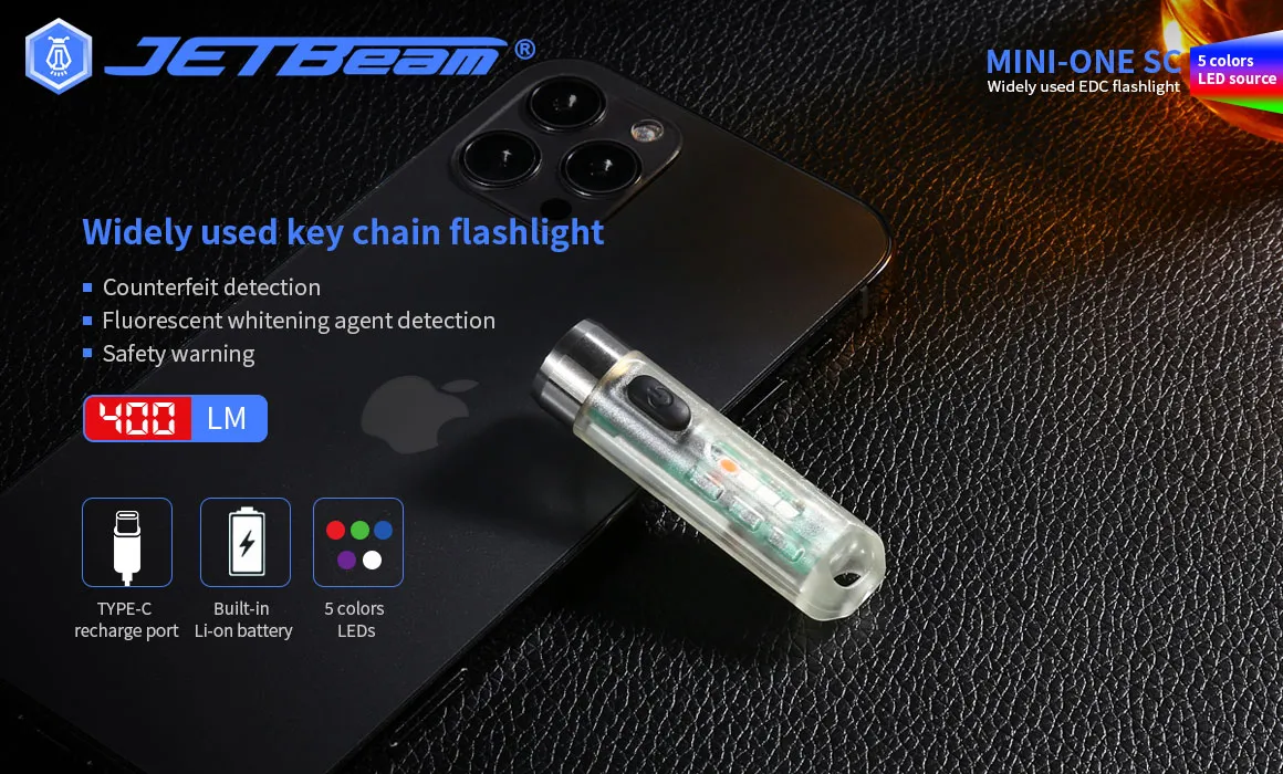 Linterna llavero LED con detector de agente blanqueador de fluorescencia JETBEAM MINI ONE SC de 500 lúmenes Linterna llavero LED con detector de agente blanqueador de fluorescencia JETBEAM MINI ONE SC de 500 lúmenes