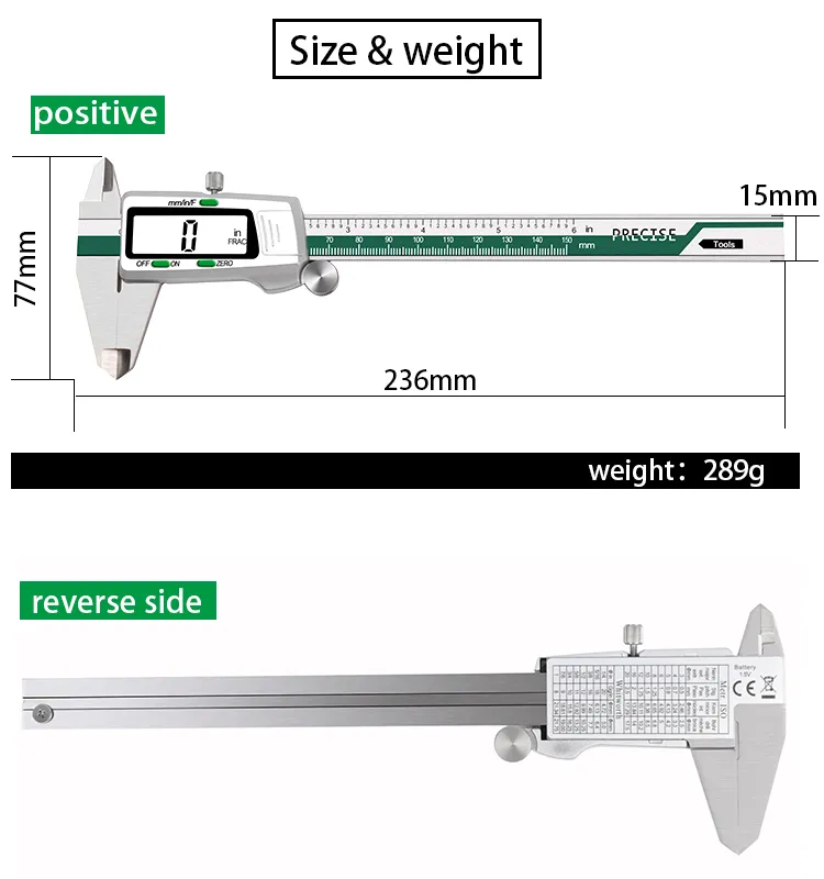 150mm Stainless Steel LCD Screen Display Digital Caliper 6 Inch Fraction / MM / Inch High Precision Stainless Steel LCD Vernier Caliper