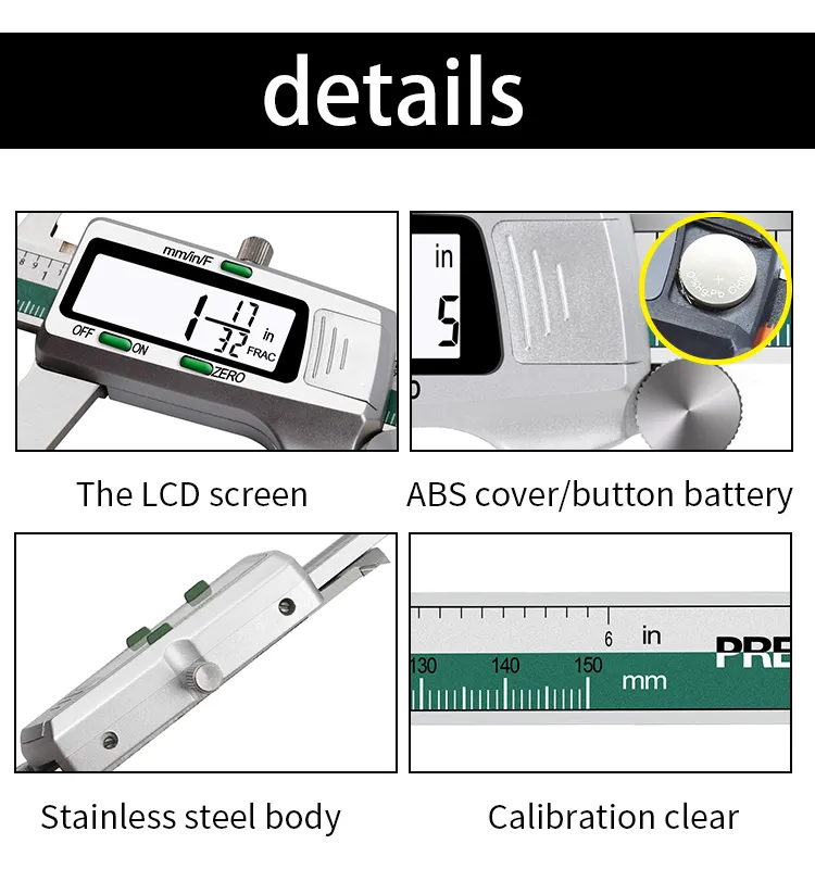 150mm Stainless Steel LCD Screen Display Digital Caliper 6 Inch Fraction / MM / Inch High Precision Stainless Steel LCD Vernier Caliper