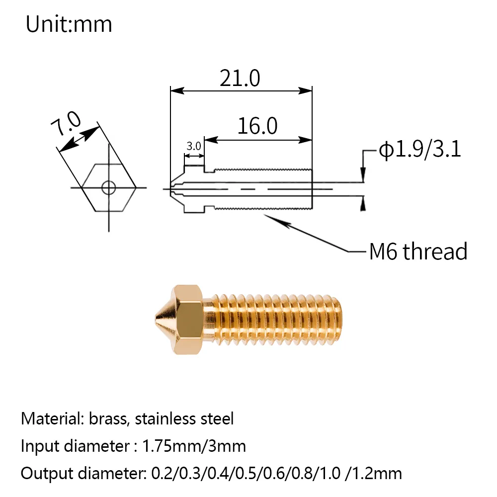KINGROON E3D Volcano Hard Steel Nozzle Brass M6 Thread 3D Printer Hotend Volcano Nozzle