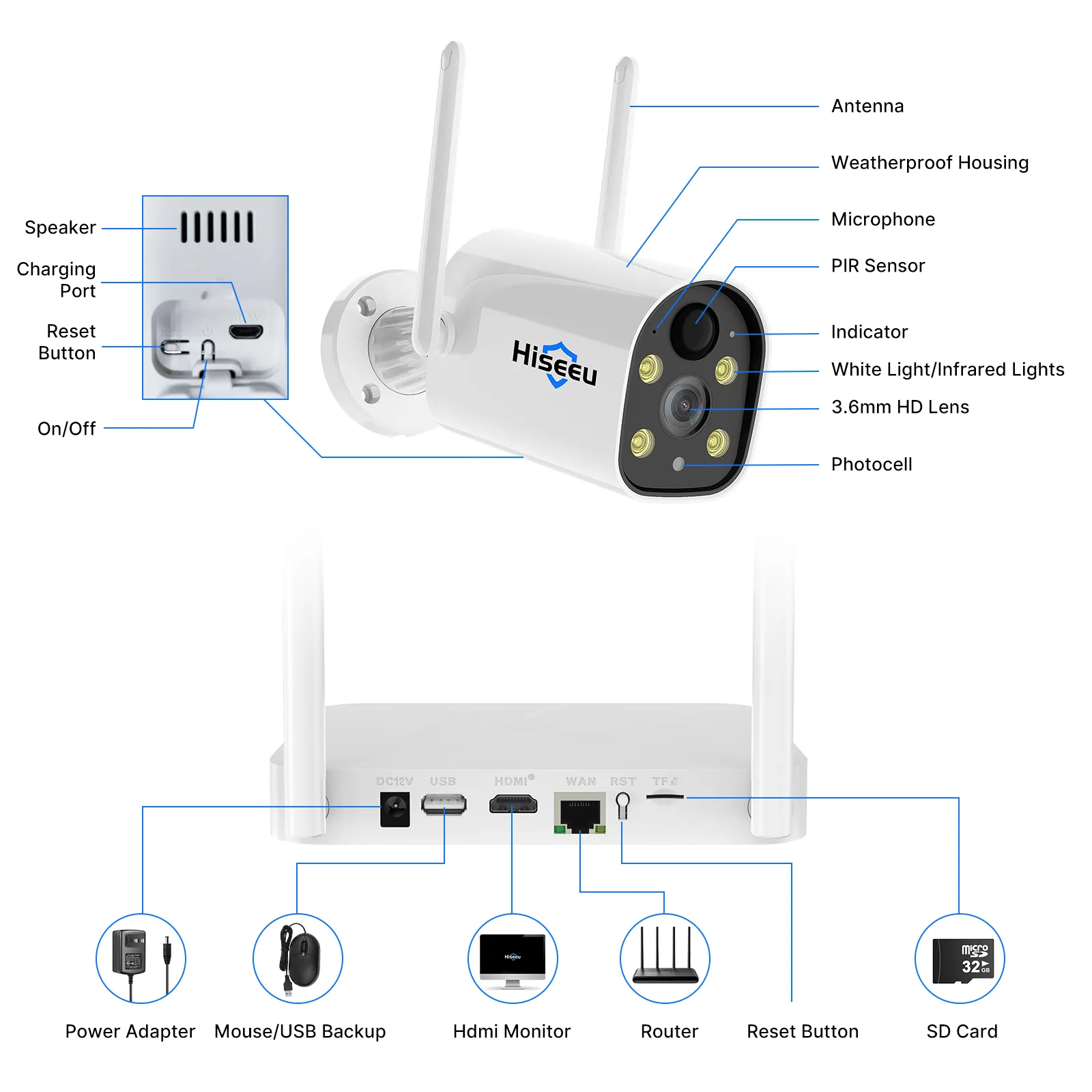 Hiseeu 2K HD Wireless 3-Cam Kits Solar Battery Powered Wireless Security Camera System Spotlight Color Night Vision 2-Way Audio PIR Wall Mount Waterproof for Home Secuirty