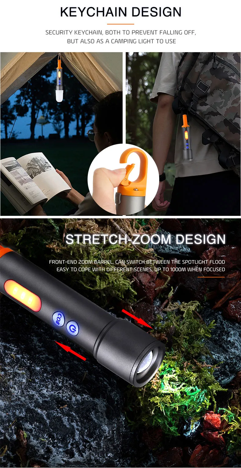 BIKIGHT 1000M Powerful Long Range Zoomable Flashlight 1200mAh Battery Tpye-C Rechargeable Camping Light