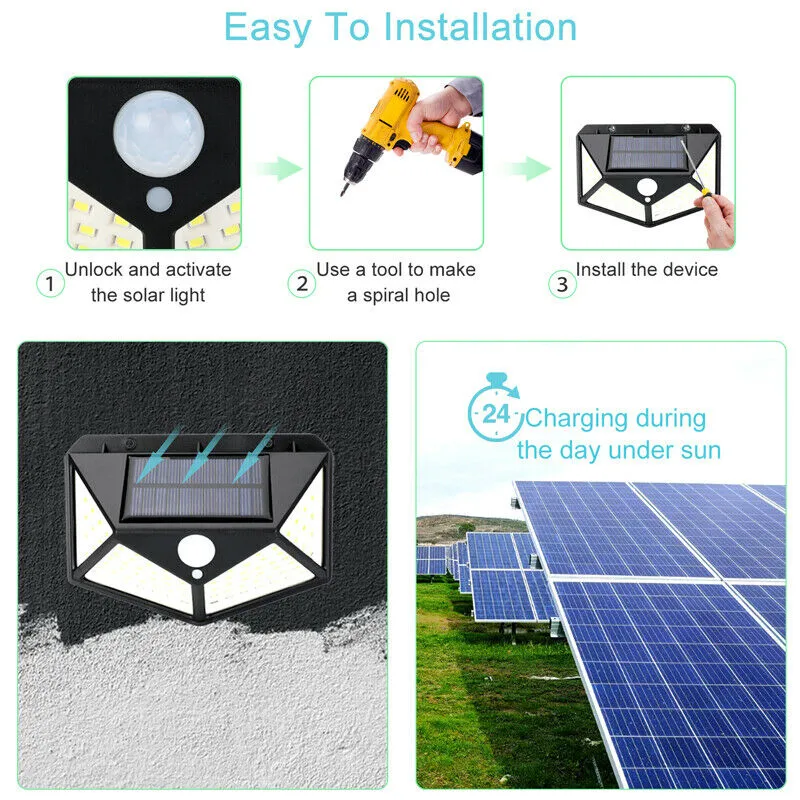 100 LED Solar Power Waterproof IP65 PIR Motion Sensor Solar Light Outdoor Garden Lamp