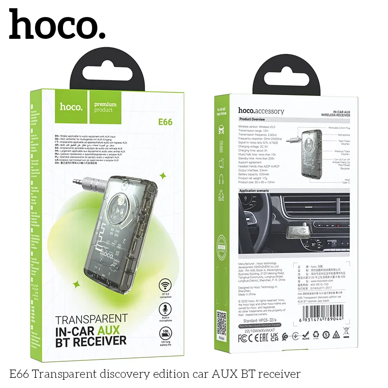 HOCO E66 Transparent Wireless bluetooth 3.5mm AUX Audio Stereo Music Home Car Receiver Adapter