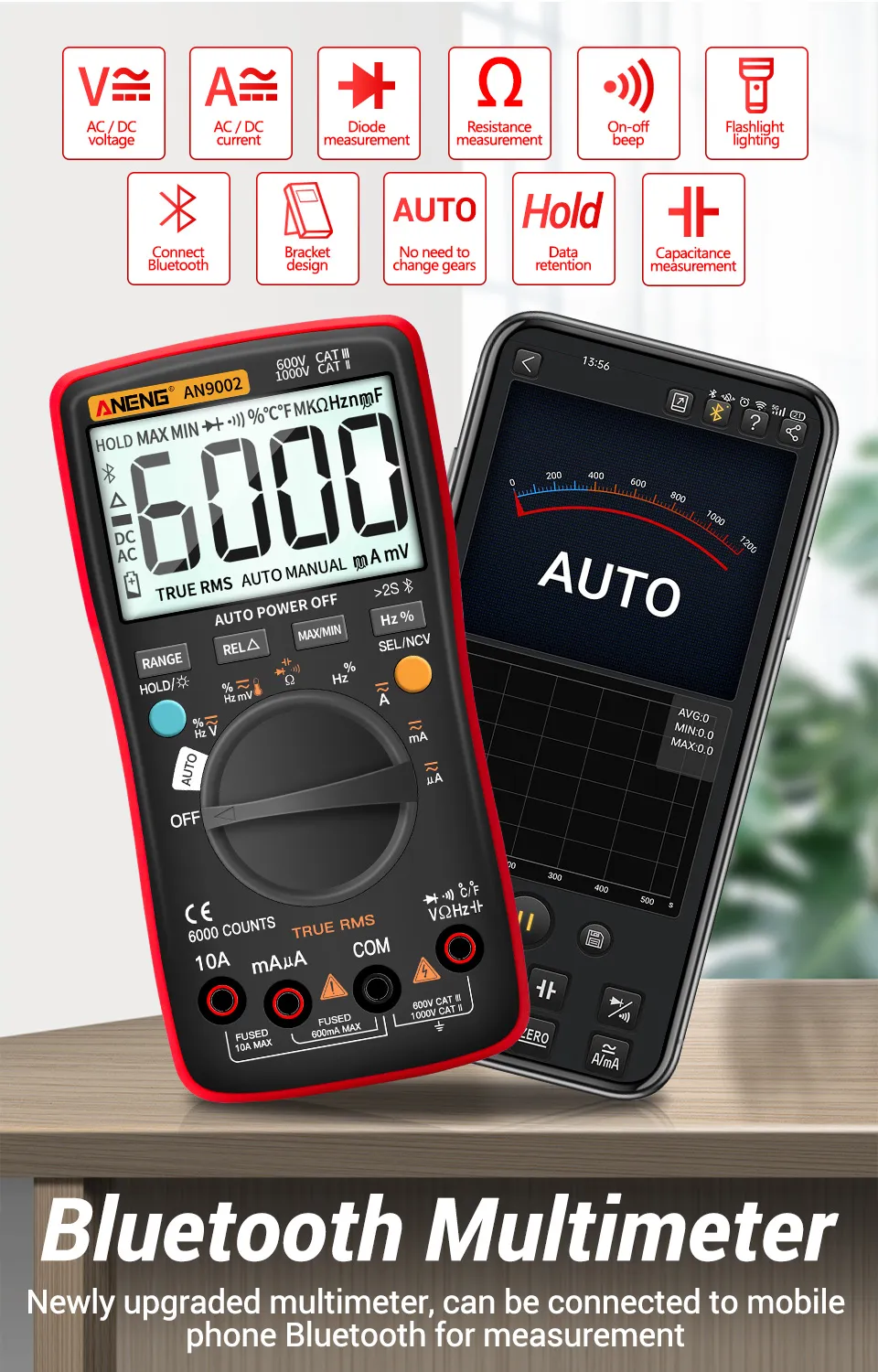 ANENG AN9002 Bluetooth Digital Multimeter 6000 Counts Professional MultimetroTrue RMS AC/DC Current Voltage Tester Auto-Range ANENG AN9002 Bluetooth Digital Multimeter 6000 Counts Professional MultimetroTrue RMS AC/DC Current Voltage Tester Auto-Range