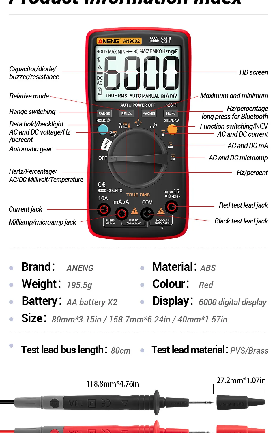 ANENG AN9002 Bluetooth Digital Multimeter 6000 Counts Professional MultimetroTrue RMS AC/DC Current Voltage Tester Auto-Range ANENG AN9002 Bluetooth Digital Multimeter 6000 Counts Professional MultimetroTrue RMS AC/DC Current Voltage Tester Auto-Range
