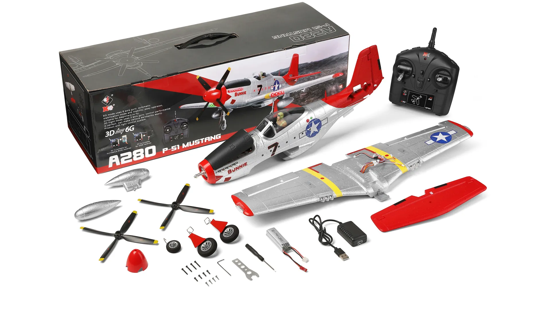 XK A280 P-51 Mustang 3D/6G System 560mm Wingspan 2.4GHz 4CH EPP RC Airplane Fighter RTF With LED Lights for Beginner XK A280 P-51 Mustang 3D/6G System 560mm Wingspan 2.4GHz 4CH EPP RC Airplane Fighter RTF With LED Lights for Beginner