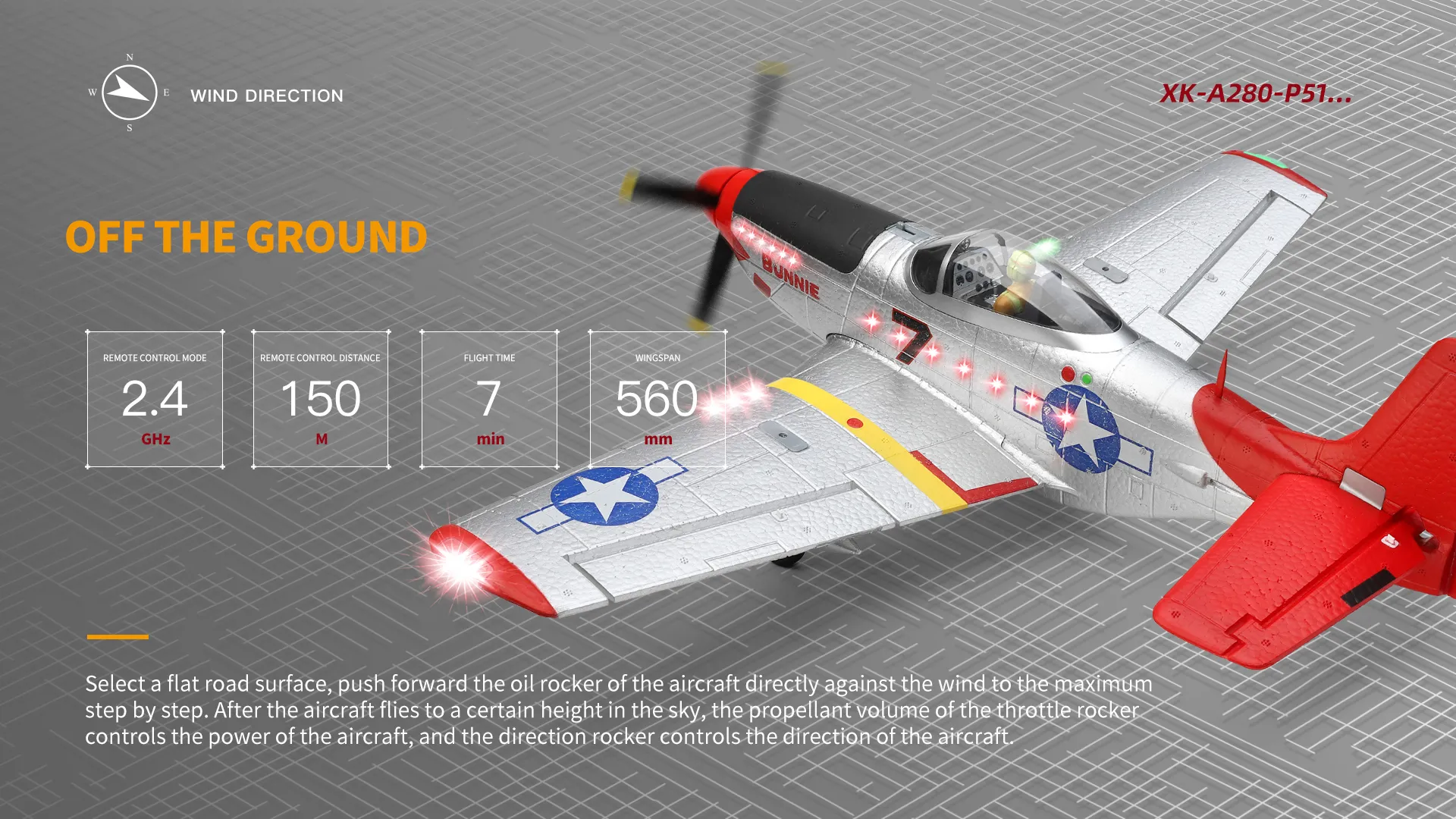 XK A280 P-51 Mustang 3D/6G System 560mm Wingspan 2.4GHz 4CH EPP RC Airplane Fighter RTF With LED Lights for Beginner XK A280 P-51 Mustang 3D/6G System 560mm Wingspan 2.4GHz 4CH EPP RC Airplane Fighter RTF With LED Lights for Beginner