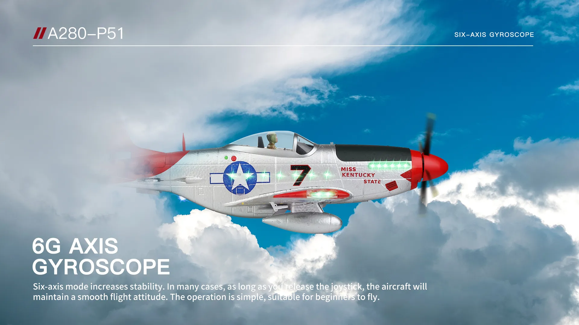XK A280 P-51 Mustang 3D/6G System 560mm Wingspan 2.4GHz 4CH EPP RC Airplane Fighter RTF With LED Lights for Beginner XK A280 P-51 Mustang 3D/6G System 560mm Wingspan 2.4GHz 4CH EPP RC Airplane Fighter RTF With LED Lights for Beginner