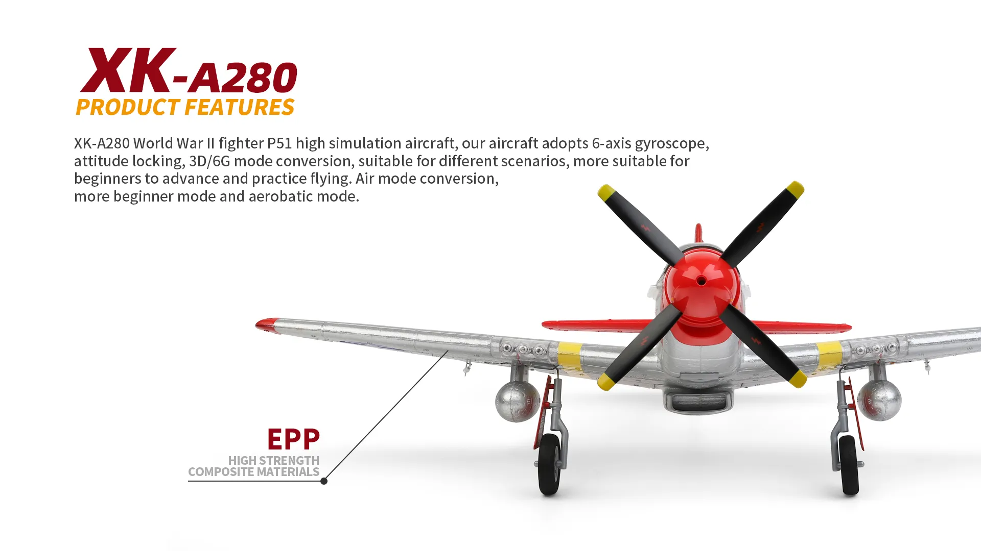XK A280 P-51 Mustang 3D/6G System 560mm Wingspan 2.4GHz 4CH EPP RC Airplane Fighter RTF With LED Lights for Beginner XK A280 P-51 Mustang 3D/6G System 560mm Wingspan 2.4GHz 4CH EPP RC Airplane Fighter RTF With LED Lights for Beginner
