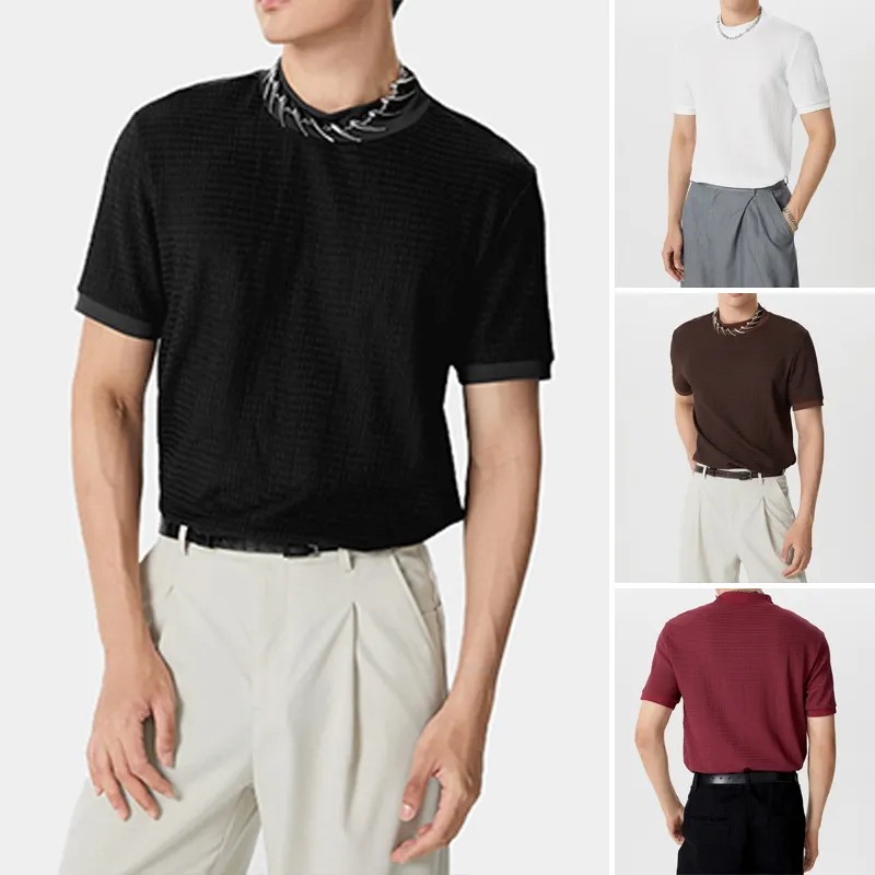 INCERUN Mens Half-collar Solid Knitted pit-stripe Short Sleeve T-shirt INCERUN Mens Half-collar Solid Knitted pit-stripe Short Sleeve T-shirt