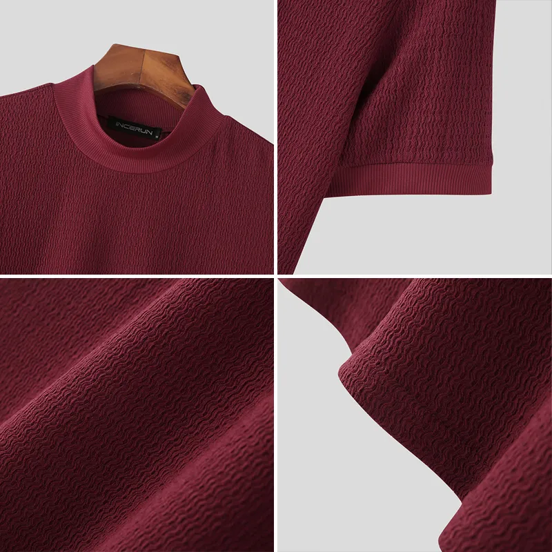 INCERUN Mens Half-collar Solid Knitted pit-stripe Short Sleeve T-shirt INCERUN Mens Half-collar Solid Knitted pit-stripe Short Sleeve T-shirt