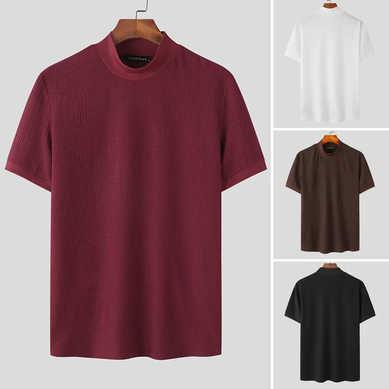 INCERUN Mens Half-collar Solid Knitted pit-stripe Short Sleeve T-shirt INCERUN Mens Half-collar Solid Knitted pit-stripe Short Sleeve T-shirt
