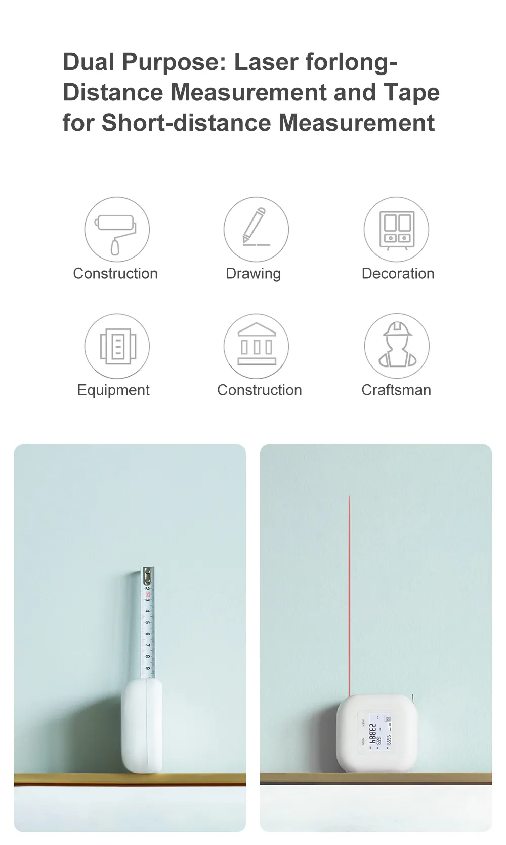 Xiaomi AKKU 2 in 1 Digital Laser Rangefinder Tape Measure Handheld Electronic Ruler