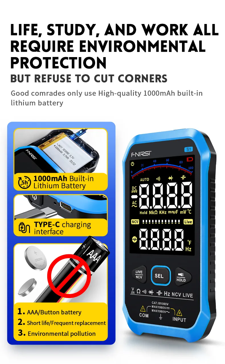 FNIRSI-S1 9999 Counts Digital Multimeter AC DC Voltage Resistance Capacitance Diode NCV Hertz Live Wire Tester with Thermocouple FNIRSI-S1 9999 Counts Digital Multimeter AC DC Voltage Resistance Capacitance Diode NCV Hertz Live Wire Tester with Thermocouple