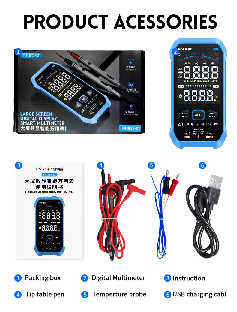 FNIRSI-S1 9999 Counts Digital Multimeter AC DC Voltage Resistance Capacitance Diode NCV Hertz Live Wire Tester with Thermocouple FNIRSI-S1 9999 Counts Digital Multimeter AC DC Voltage Resistance Capacitance Diode NCV Hertz Live Wire Tester with Thermocouple