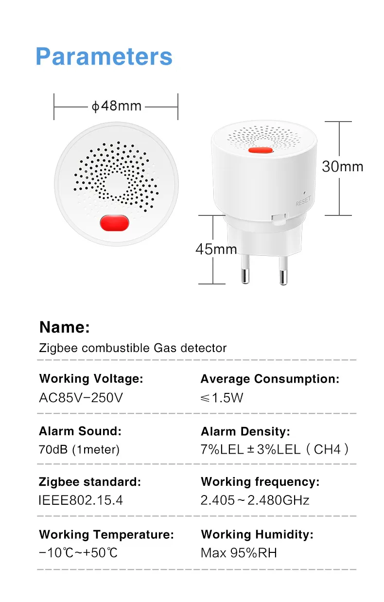 Tuya Zigbe Natural Gas Sensor EU Combustible Household Smart LPG Gas Alarm Detector Leakage Sensor fire Safety Smart Home
