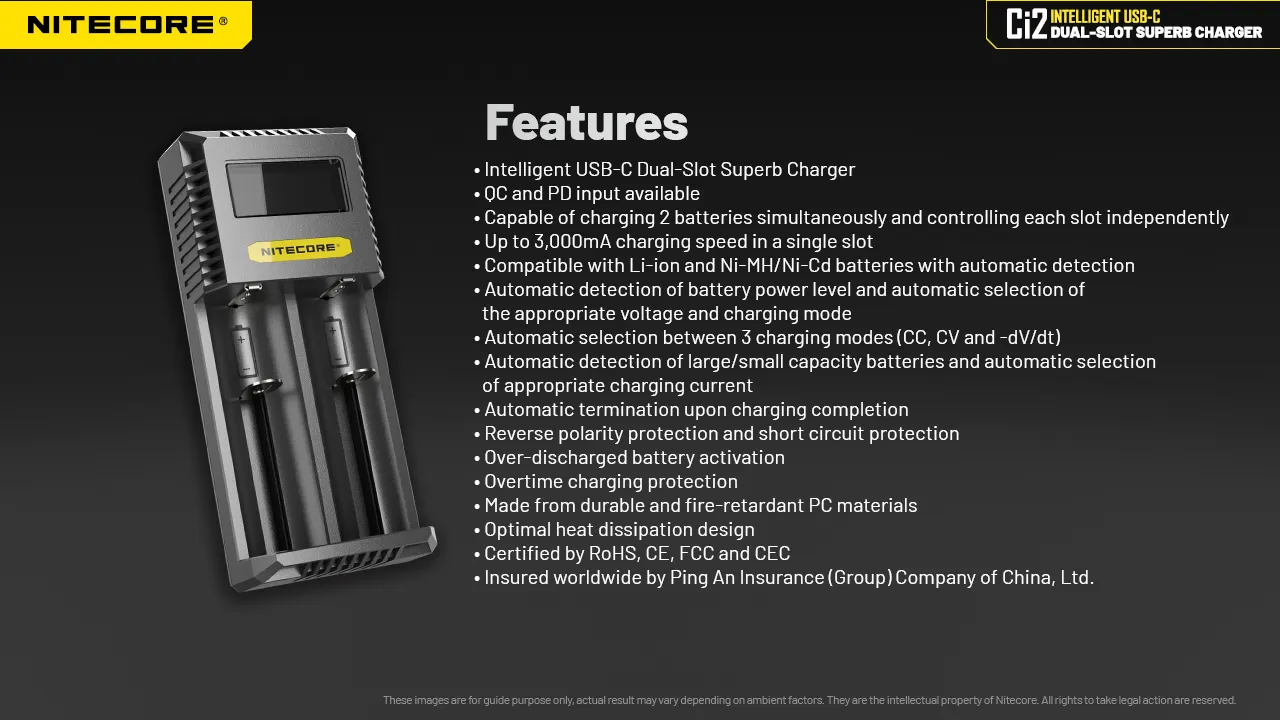 Nitecore Ci2 Dual Slot Universal Battery Charger For IMR/Li-ion Ni-MH/Ni-Cd 18650 21700 26650 AA AAA Battery Flashlight Home Tools RC Toys Cell Charger