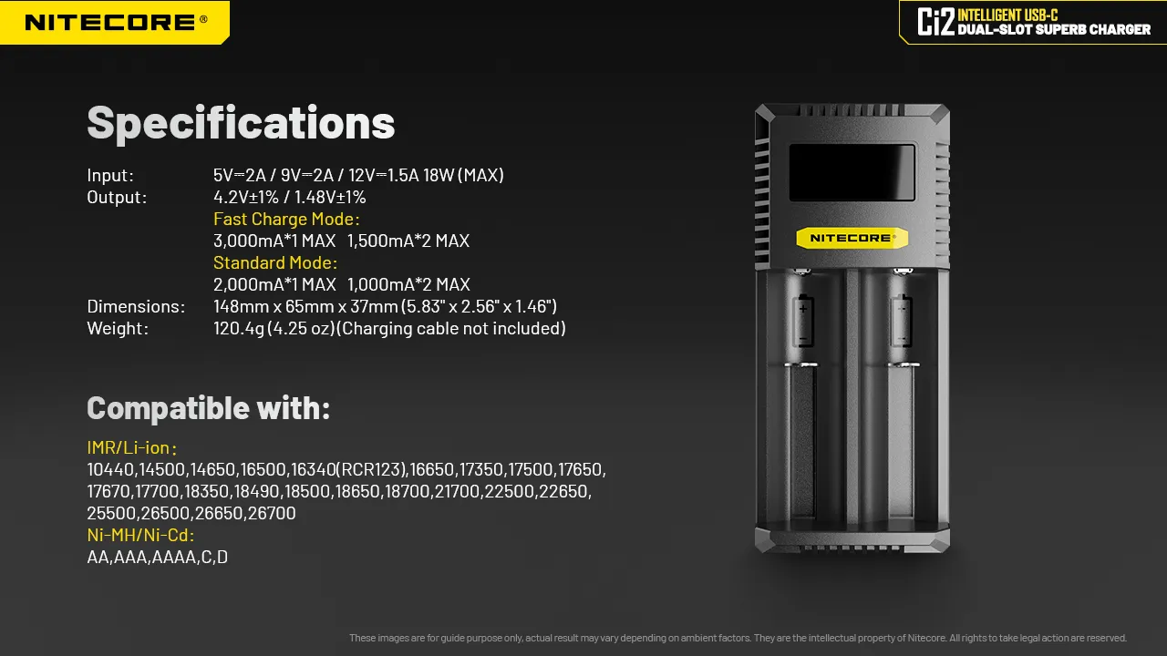 Nitecore Ci2 Dual Slot Universal Battery Charger For IMR/Li-ion Ni-MH/Ni-Cd 18650 21700 26650 AA AAA Battery Flashlight Home Tools RC Toys Cell Charger