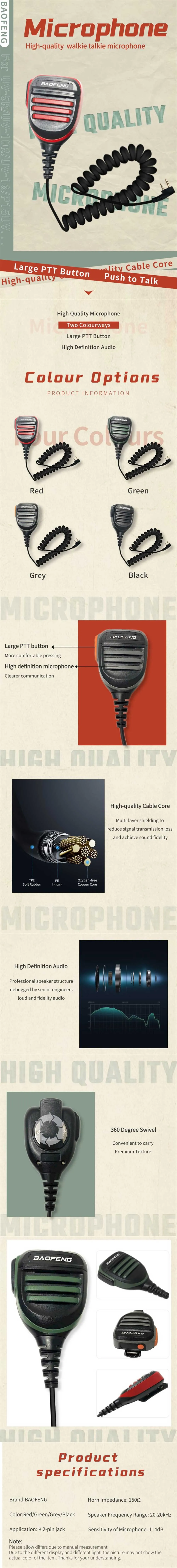 Baofeng Microphone Walkie Talkie High-definition Audio Large PTT Handheld Mic for Baofeng BF-UV5R/888S/82